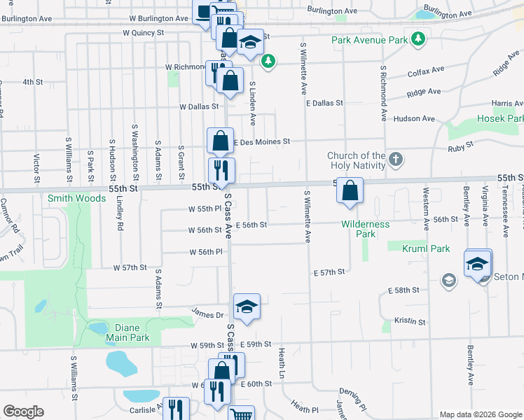 map of restaurants, bars, coffee shops, grocery stores, and more near 429 South Linden Avenue in Westmont