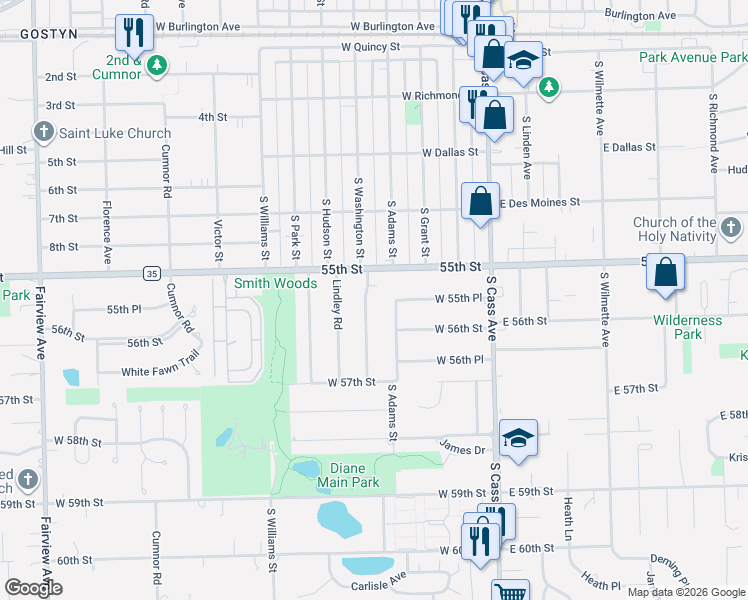 map of restaurants, bars, coffee shops, grocery stores, and more near 426 South Adams Street in Westmont