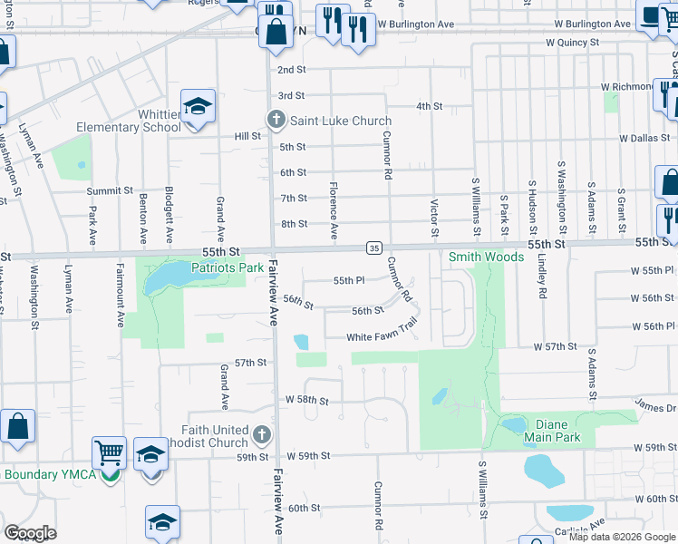 map of restaurants, bars, coffee shops, grocery stores, and more near 242 55th Place in Downers Grove