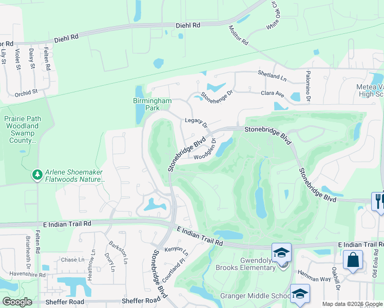 map of restaurants, bars, coffee shops, grocery stores, and more near 2372 Woodglen Drive in Aurora