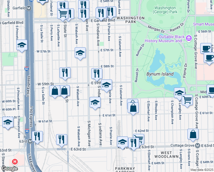 map of restaurants, bars, coffee shops, grocery stores, and more near 5910 South Prairie Avenue in Chicago