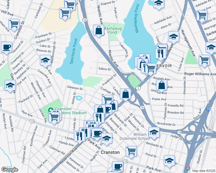 map of restaurants, bars, coffee shops, grocery stores, and more near 5 Cottage Circle in Cranston