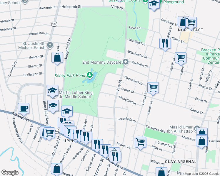 map of restaurants, bars, coffee shops, grocery stores, and more near 13 Keney Terrace in Hartford