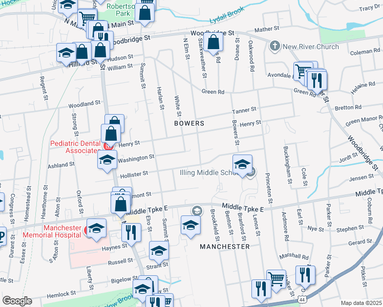 map of restaurants, bars, coffee shops, grocery stores, and more near 132 Washington Street in Manchester