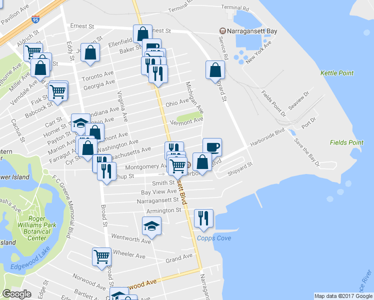 map of restaurants, bars, coffee shops, grocery stores, and more near 128 Alabama Avenue in Providence