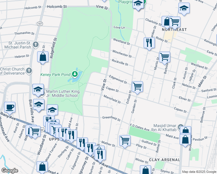 map of restaurants, bars, coffee shops, grocery stores, and more near 320 Capen Street in Hartford