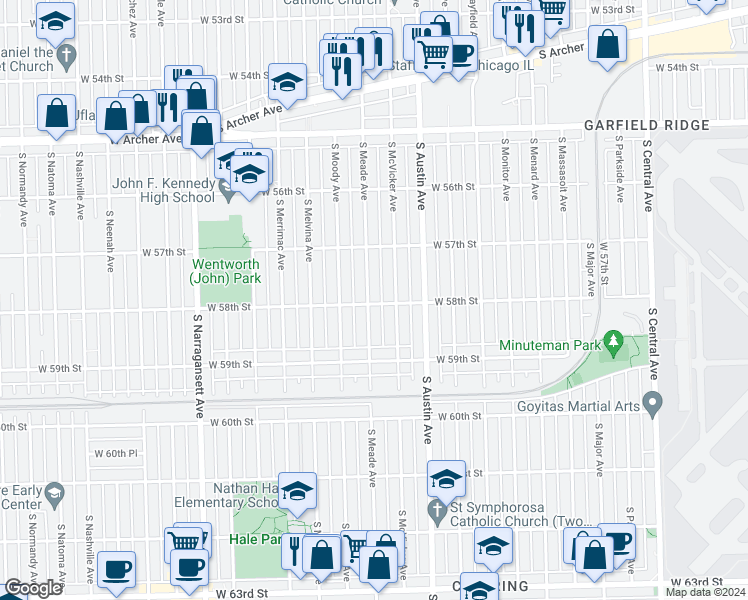 map of restaurants, bars, coffee shops, grocery stores, and more near 5759 South Meade Avenue in Chicago