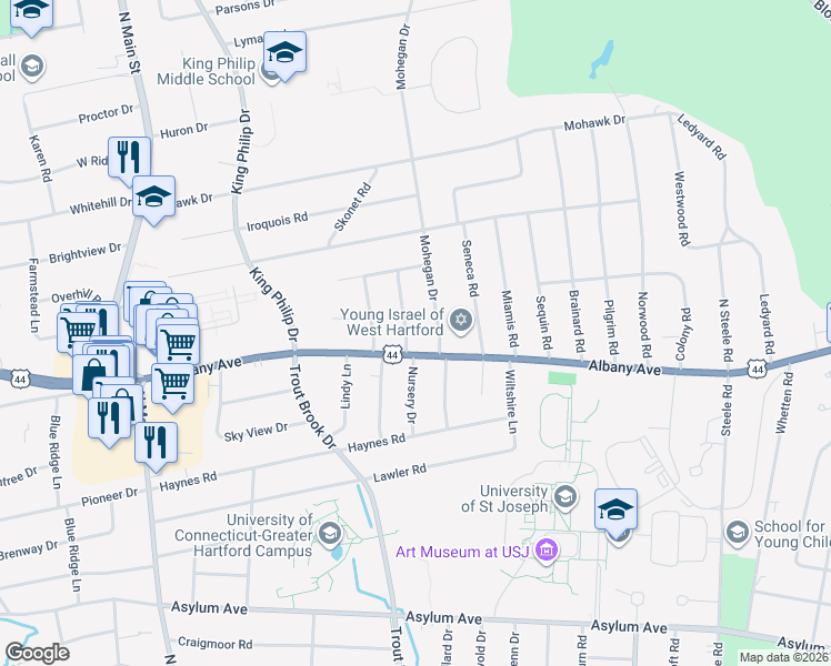 map of restaurants, bars, coffee shops, grocery stores, and more near 8 Pontiac Road in West Hartford
