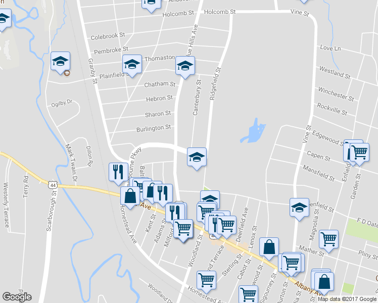 map of restaurants, bars, coffee shops, grocery stores, and more near 191 Westbourne Parkway in Hartford
