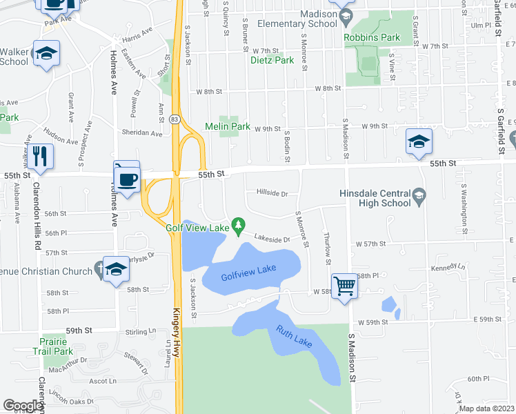 map of restaurants, bars, coffee shops, grocery stores, and more near 633 West 56th Street in Hinsdale
