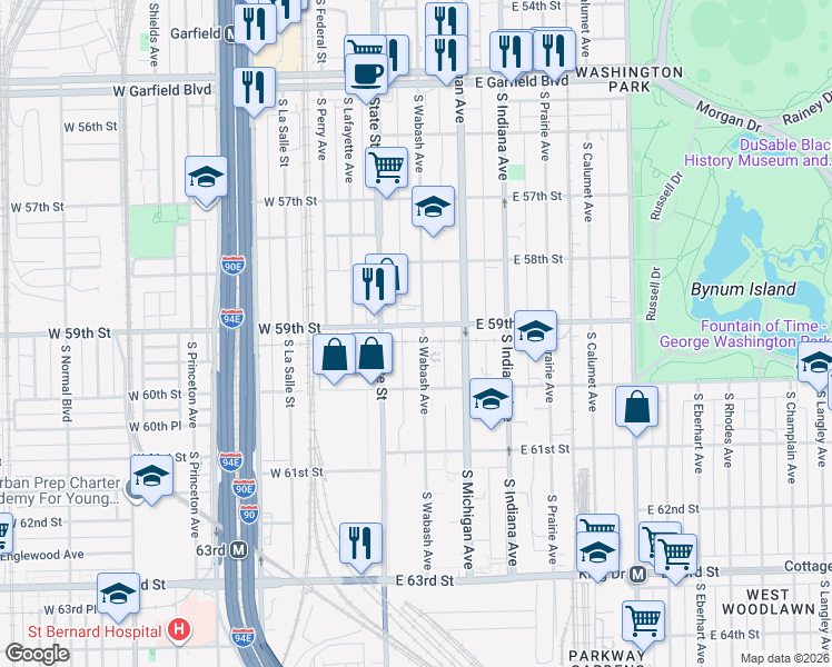 map of restaurants, bars, coffee shops, grocery stores, and more near 35 East 59th Street in Chicago