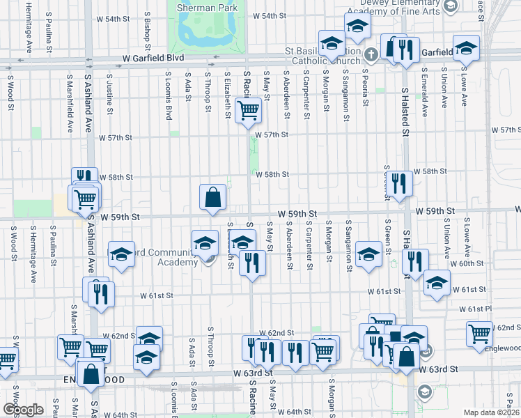 map of restaurants, bars, coffee shops, grocery stores, and more near 1142 W 59th St in Chicago