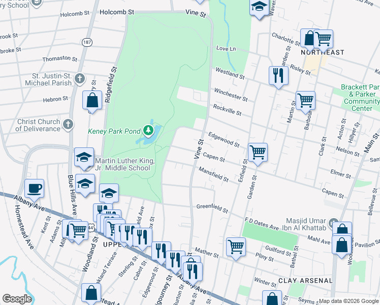 map of restaurants, bars, coffee shops, grocery stores, and more near 13 Keney Terrace in Hartford