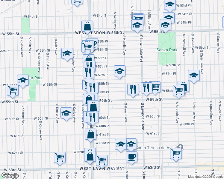 map of restaurants, bars, coffee shops, grocery stores, and more near 3846 West 58th Place in Chicago