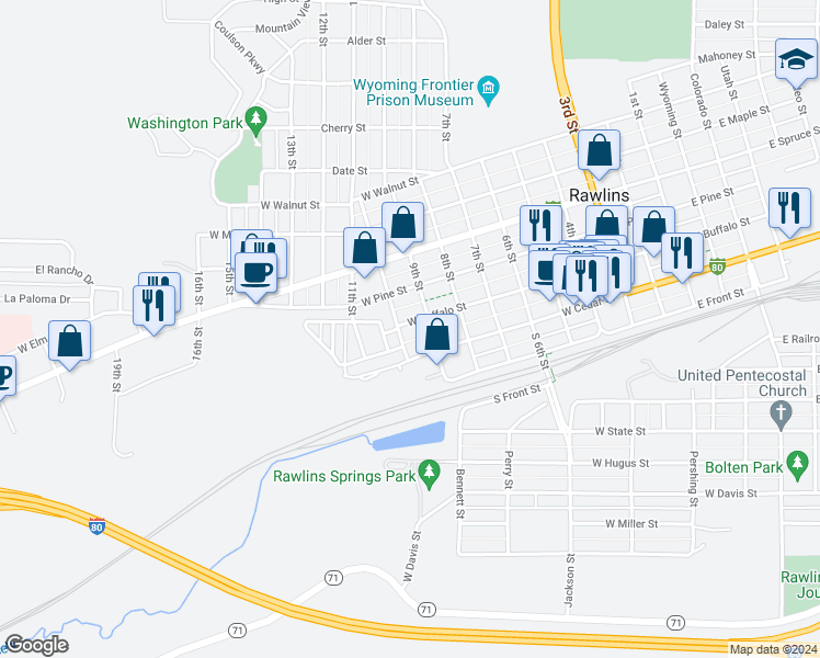 map of restaurants, bars, coffee shops, grocery stores, and more near 918 West Buffalo Street in Rawlins