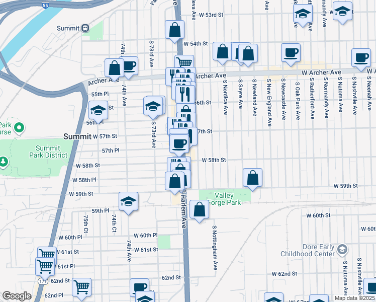 map of restaurants, bars, coffee shops, grocery stores, and more near 5747 South Harlem Avenue in Chicago