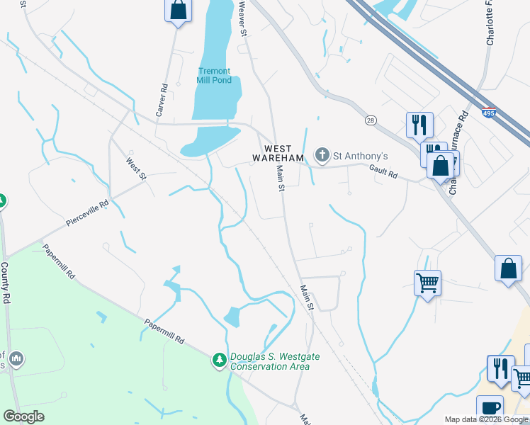 map of restaurants, bars, coffee shops, grocery stores, and more near 3 Bog Iron Road in Wareham