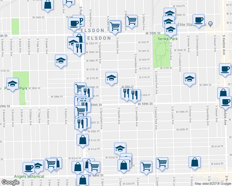 map of restaurants, bars, coffee shops, grocery stores, and more near 3806 West 58th Place in Chicago
