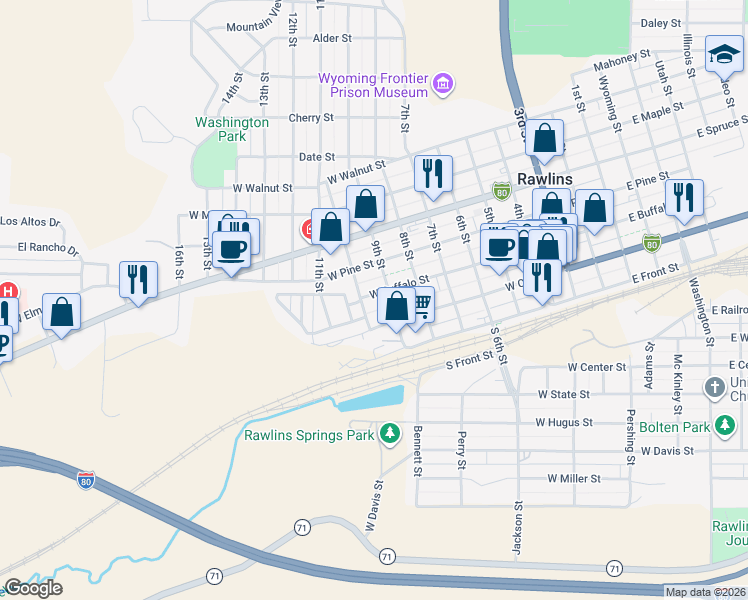 map of restaurants, bars, coffee shops, grocery stores, and more near 916 West Buffalo Street in Rawlins