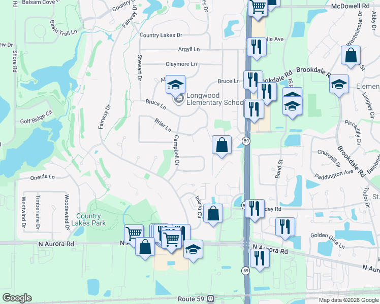 map of restaurants, bars, coffee shops, grocery stores, and more near 2080 Maplewood Circle in Naperville