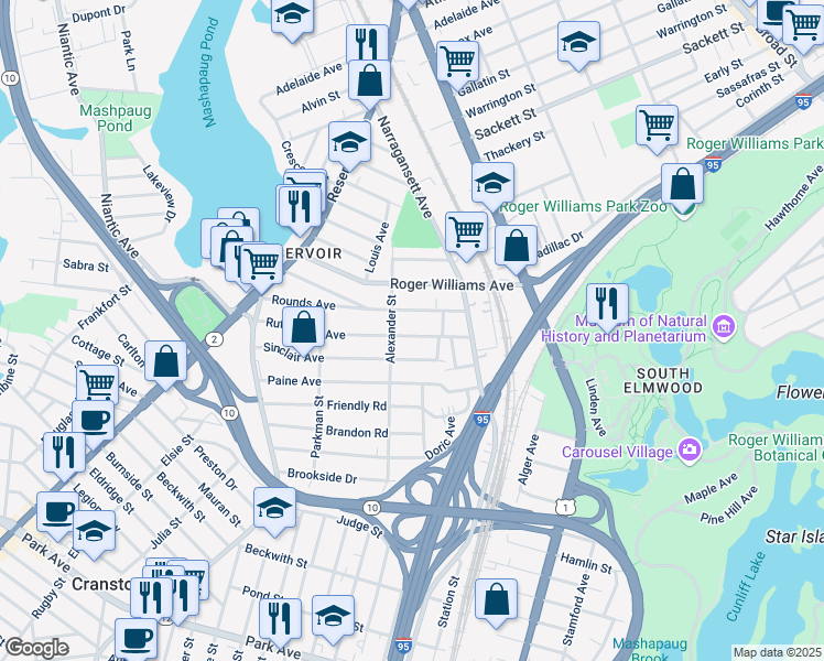 map of restaurants, bars, coffee shops, grocery stores, and more near 59 Rutherglen Avenue in Providence