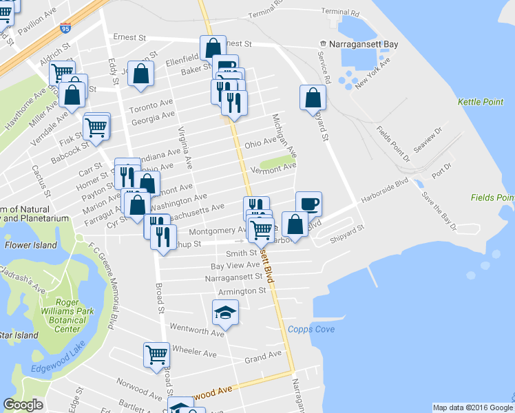 map of restaurants, bars, coffee shops, grocery stores, and more near 995 Narragansett Boulevard in Providence