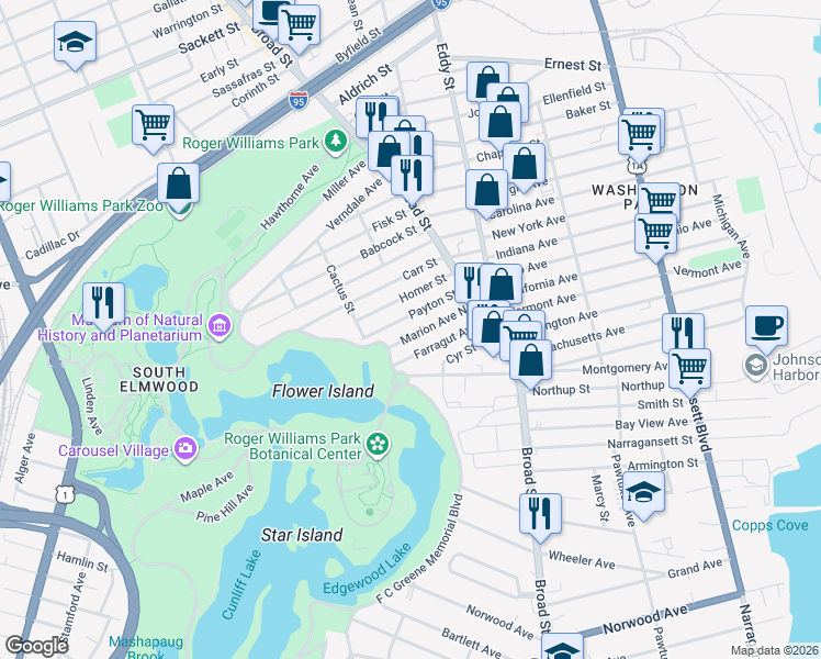 map of restaurants, bars, coffee shops, grocery stores, and more near 75 Marion Avenue North in Cranston