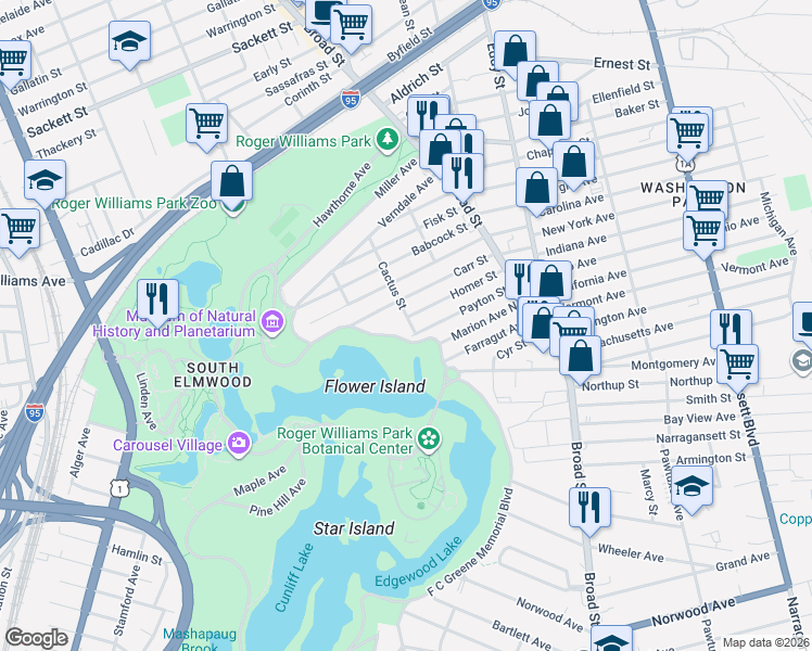map of restaurants, bars, coffee shops, grocery stores, and more near 86 Cactus Street in Providence