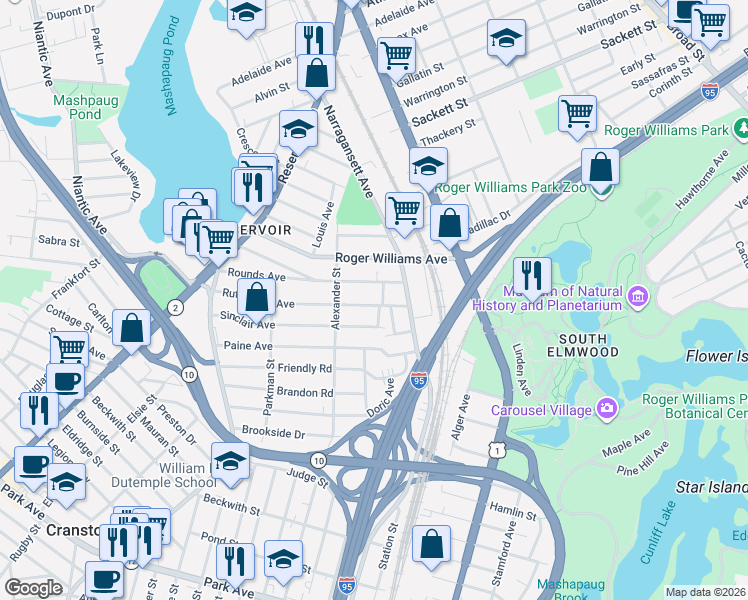 map of restaurants, bars, coffee shops, grocery stores, and more near 15 Rutherglen Avenue in Providence