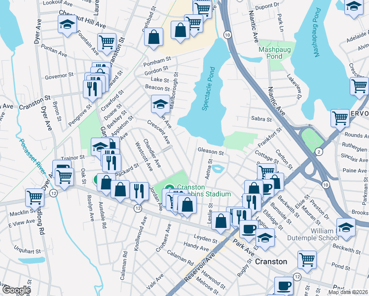 map of restaurants, bars, coffee shops, grocery stores, and more near 189 Harmon Avenue in Cranston