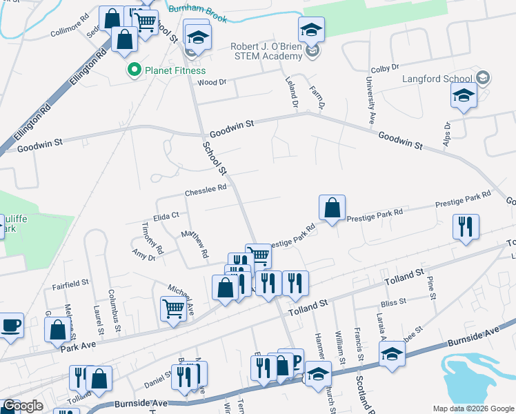 map of restaurants, bars, coffee shops, grocery stores, and more near 21 Christopher Court in East Hartford