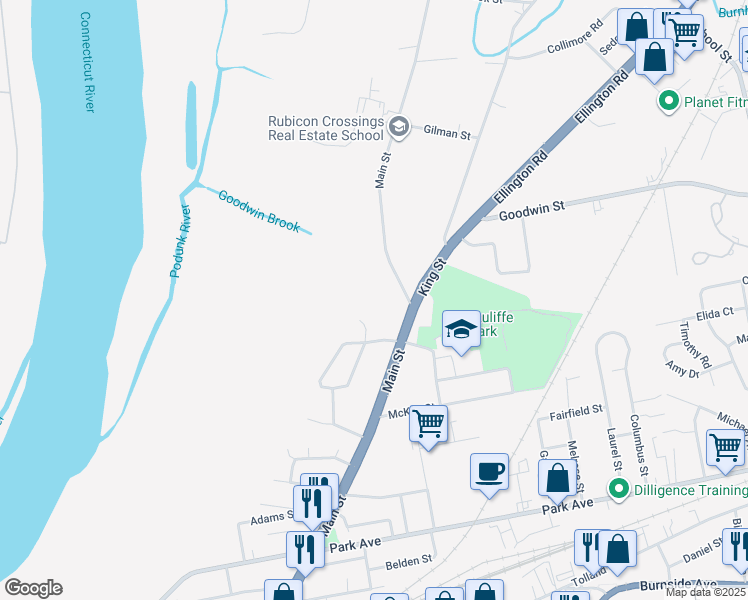 map of restaurants, bars, coffee shops, grocery stores, and more near 25 Fellows Lane in East Hartford
