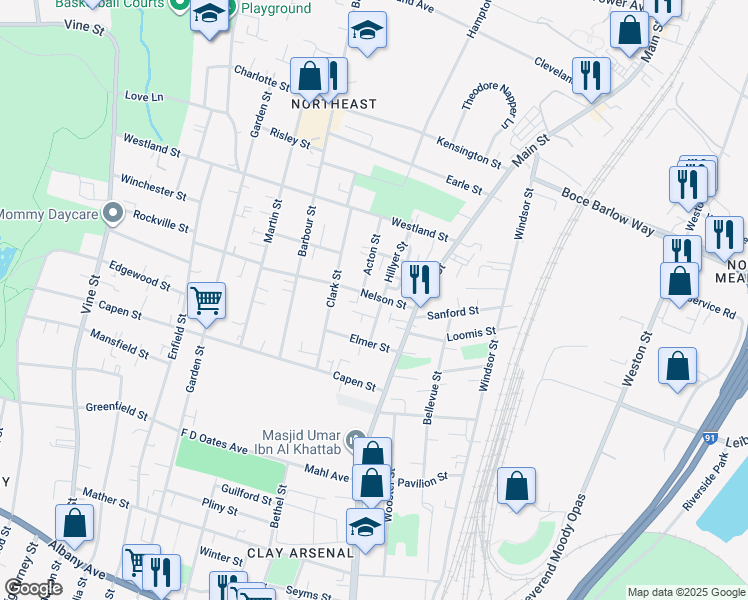 map of restaurants, bars, coffee shops, grocery stores, and more near 24 Clay Street in Hartford