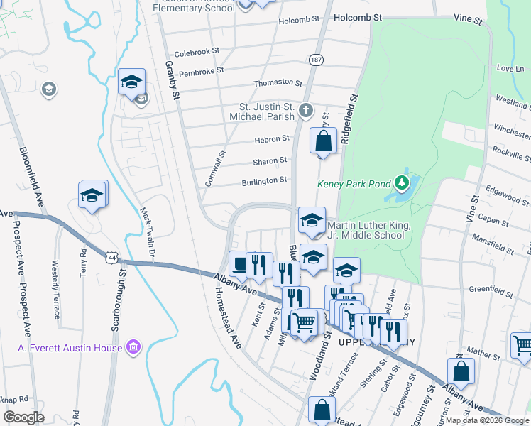 map of restaurants, bars, coffee shops, grocery stores, and more near 114 Westbourne Parkway in Hartford