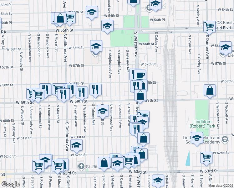 map of restaurants, bars, coffee shops, grocery stores, and more near in Chicago