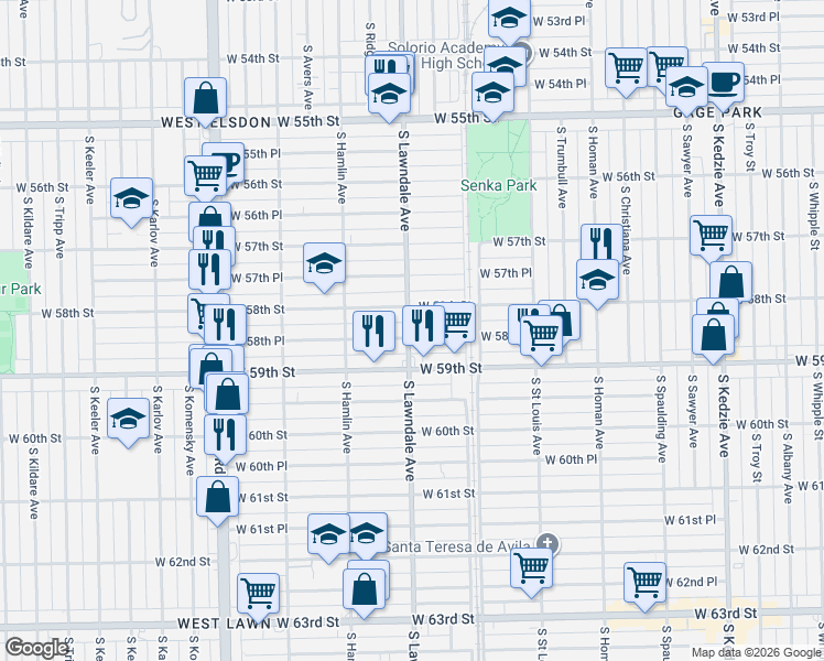 map of restaurants, bars, coffee shops, grocery stores, and more near 3652 West 58th Place in Chicago