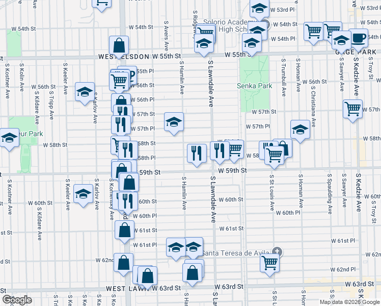 map of restaurants, bars, coffee shops, grocery stores, and more near 3736 West 58th Place in Chicago