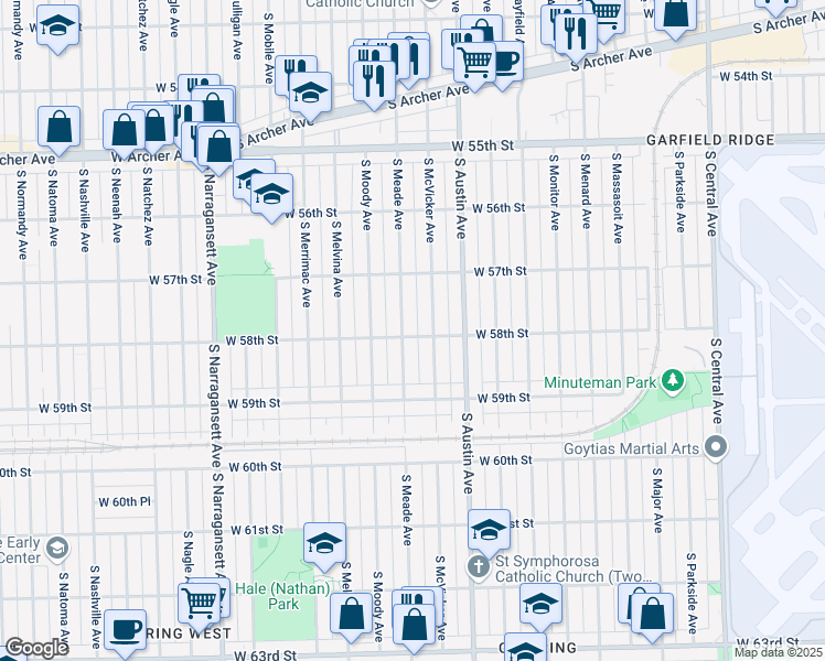 map of restaurants, bars, coffee shops, grocery stores, and more near 5759 South Meade Avenue in Chicago