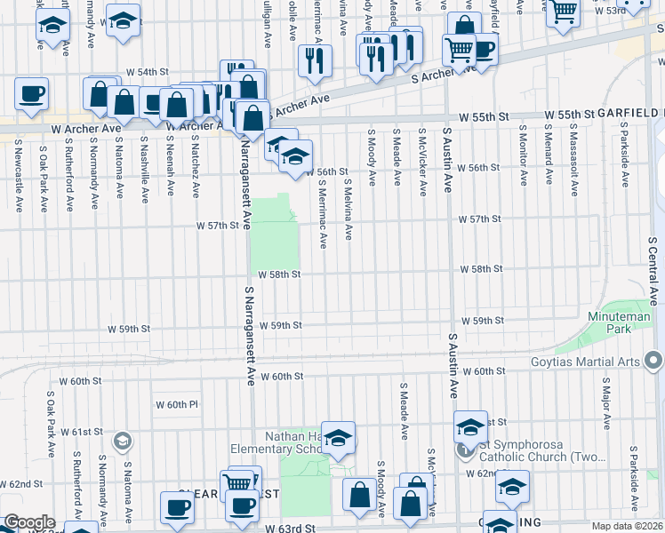 map of restaurants, bars, coffee shops, grocery stores, and more near 5800 South Melvina Avenue in Chicago