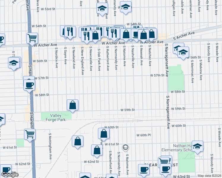 map of restaurants, bars, coffee shops, grocery stores, and more near 5754 South Rutherford Avenue in Chicago
