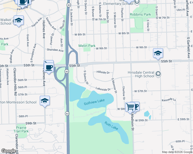 map of restaurants, bars, coffee shops, grocery stores, and more near 633 West 56th Street in Hinsdale