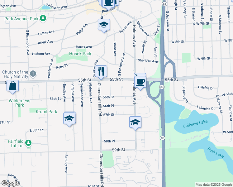 map of restaurants, bars, coffee shops, grocery stores, and more near 224 55th Street in Clarendon Hills