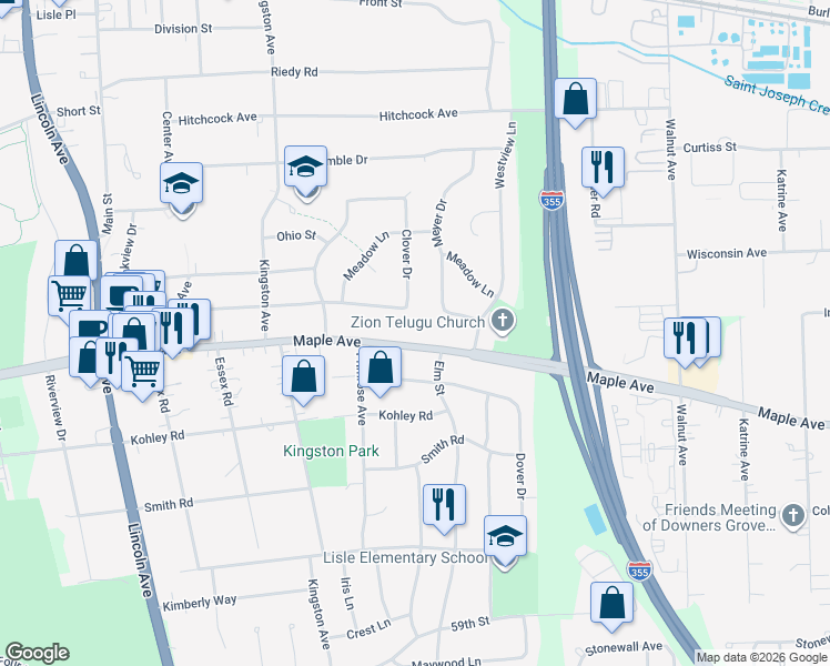 map of restaurants, bars, coffee shops, grocery stores, and more near 600 Maple Avenue in Lisle
