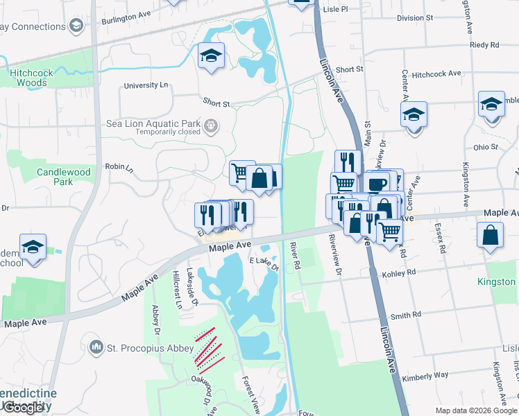 map of restaurants, bars, coffee shops, grocery stores, and more near 5403 Eisenhower Lane in Lisle