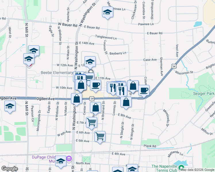 map of restaurants, bars, coffee shops, grocery stores, and more near 941 North Brainard Street in Naperville