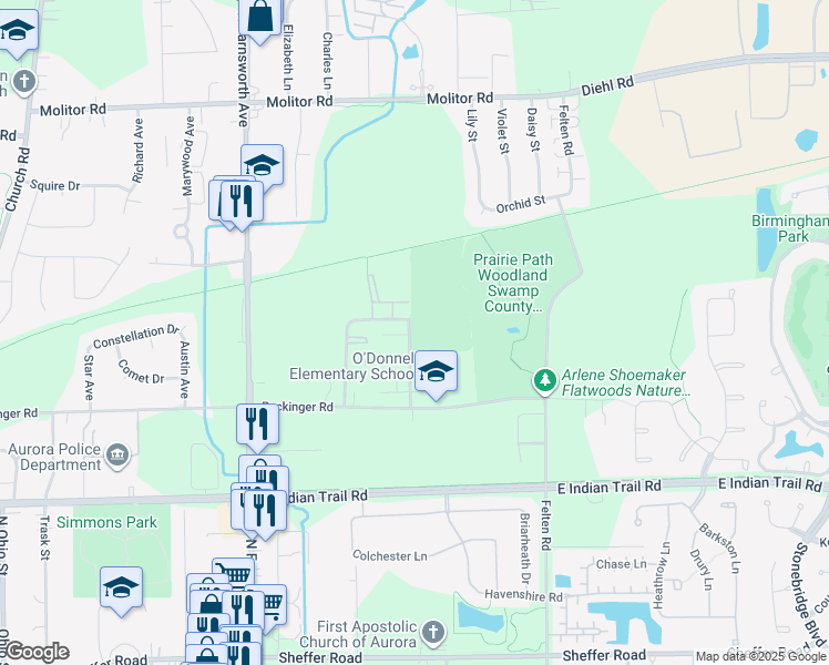 map of restaurants, bars, coffee shops, grocery stores, and more near 1417 McClure Road in Aurora