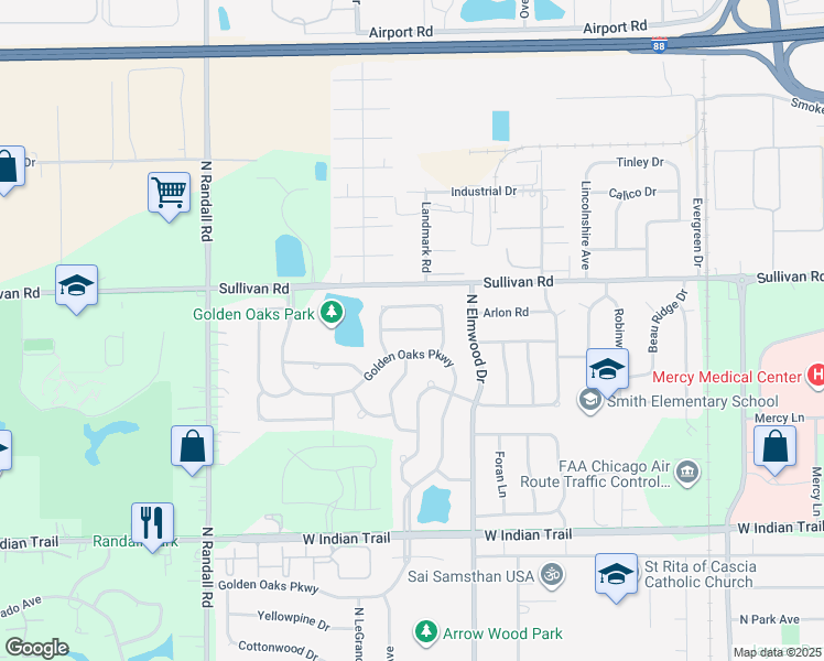 map of restaurants, bars, coffee shops, grocery stores, and more near 1184 Pin Oak Trail in Aurora