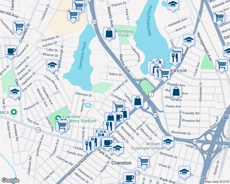 map of restaurants, bars, coffee shops, grocery stores, and more near 5 Cottage Circle in Cranston