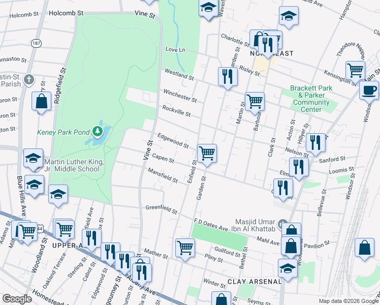 map of restaurants, bars, coffee shops, grocery stores, and more near 191 Enfield Street in Hartford