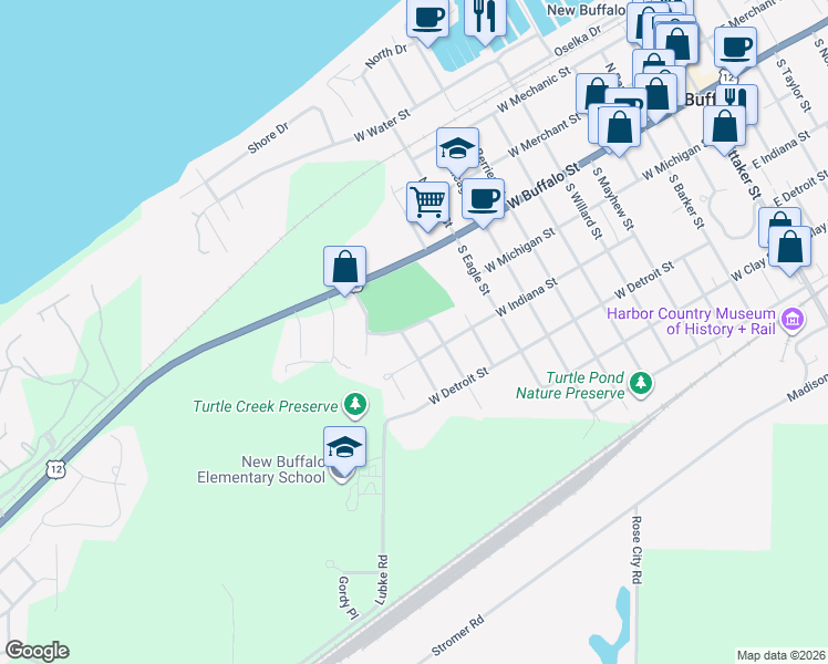 map of restaurants, bars, coffee shops, grocery stores, and more near 126 South Marshall Street in New Buffalo